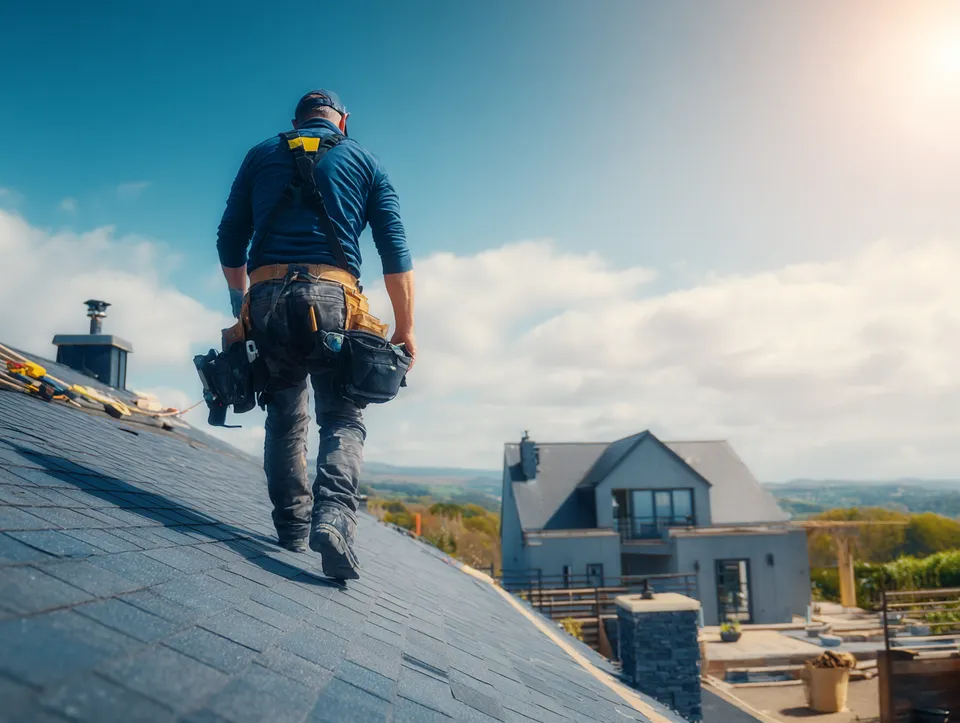 A roofer working on a shingle roof